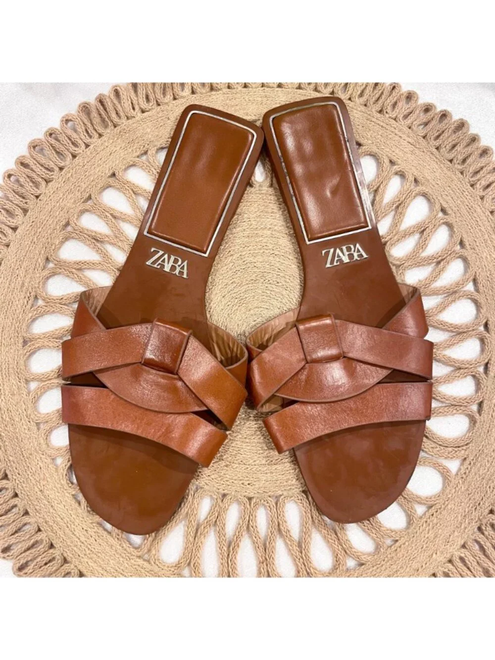 Zara Crossed Flat Leather Sandals Brown Size EU 42 Neutral Minimalist